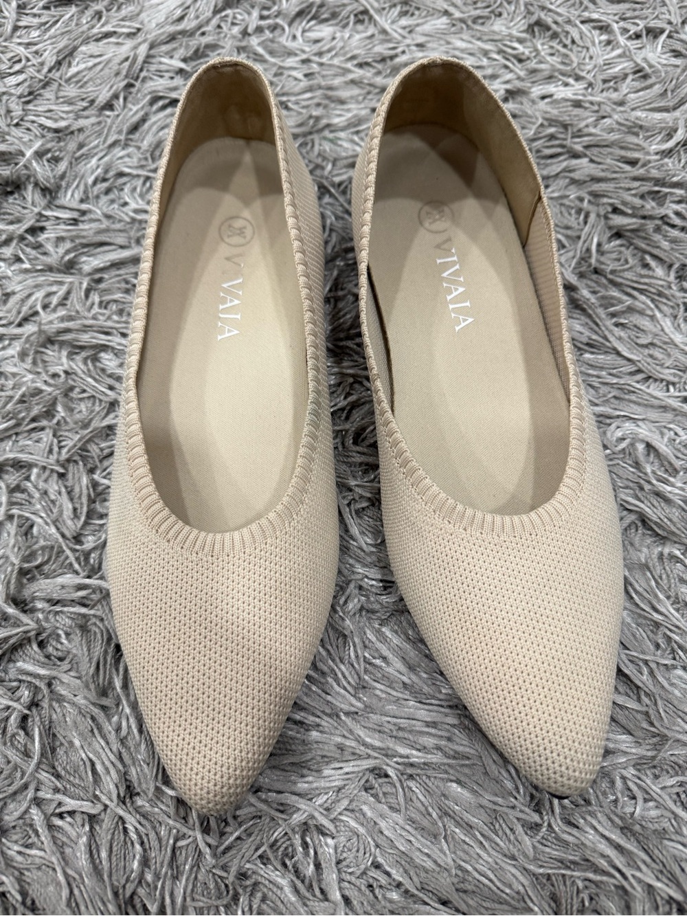 Vivaia Women's Pointed Knit Ballet Flats in Beige, size 9